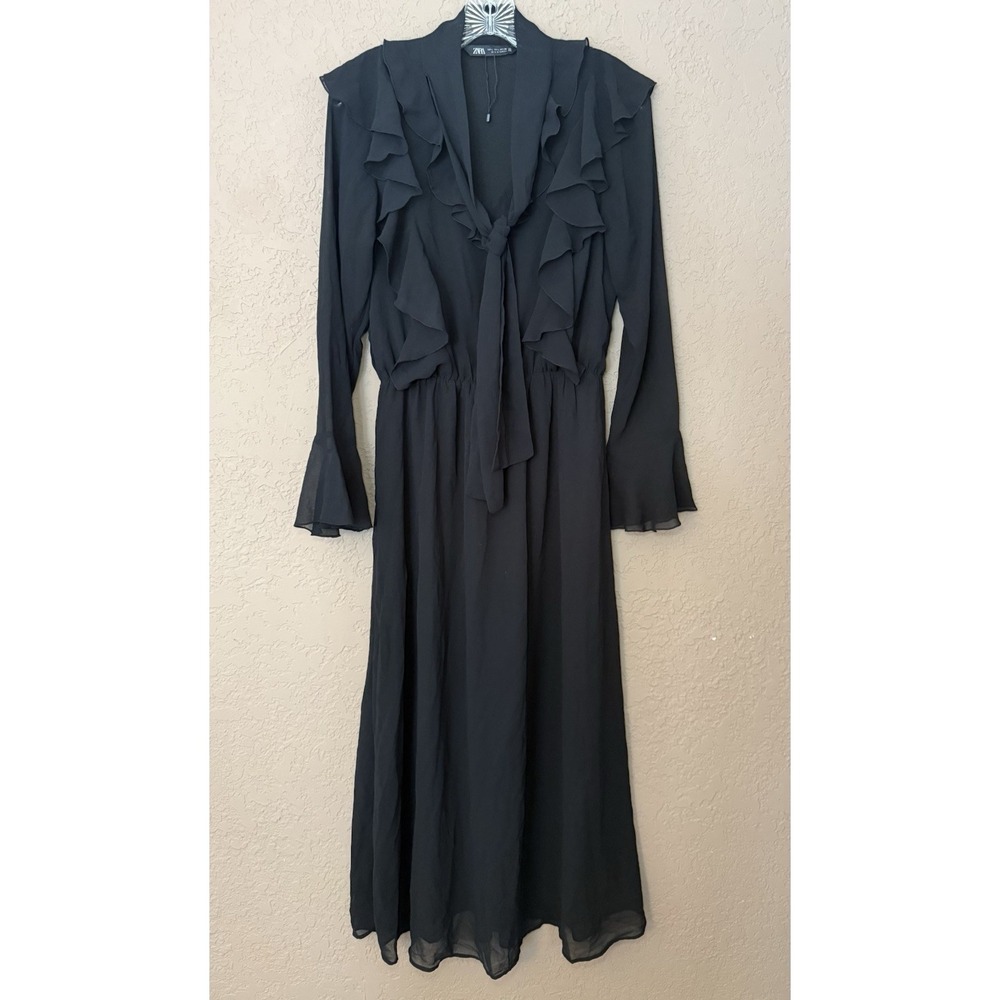 Zara NWOT Black Long Sleeve Ruffle W/ Tie Neck Elastic‎ Waist Maxi Dress Sz L